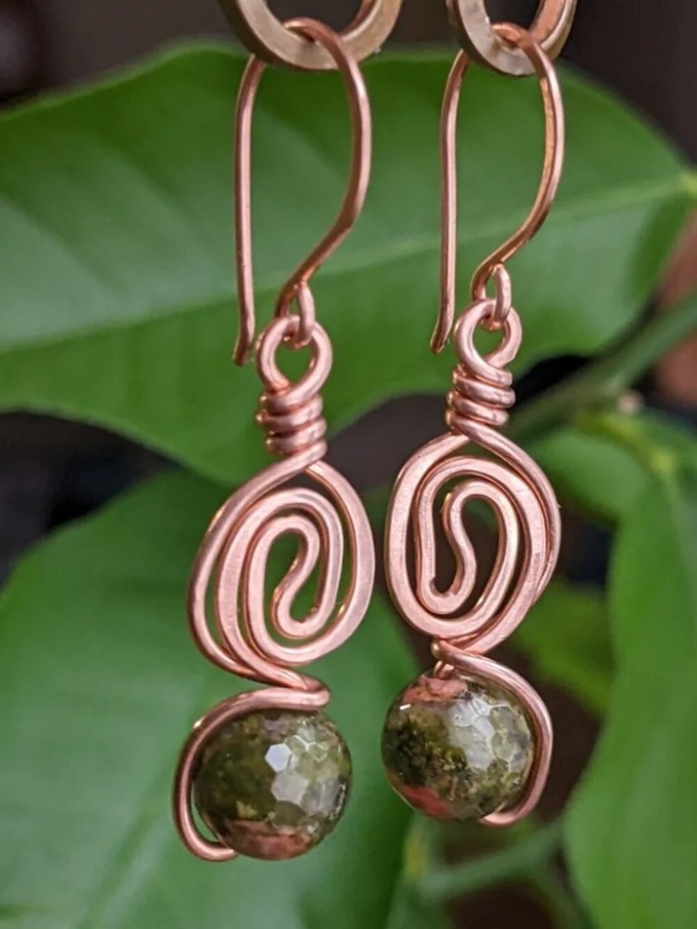 Earthy Unikite Jasper Earrings Artisan Crafted Copper Spirals
